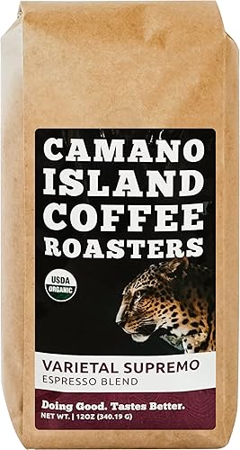 Camano Island Coffee Roasters Varietal Supremo Espresso Blend, Whole Bean 12oz, Fresh Dark Roast, USDA Organic, Fairly Traded, Shade Grown Arabica