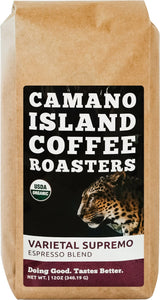Camano Island Coffee Roasters Varietal Supremo Espresso Blend, Ground 12oz, Fresh Dark Roast, USDA Organic, Fairly Traded, Shade Grown Arabica