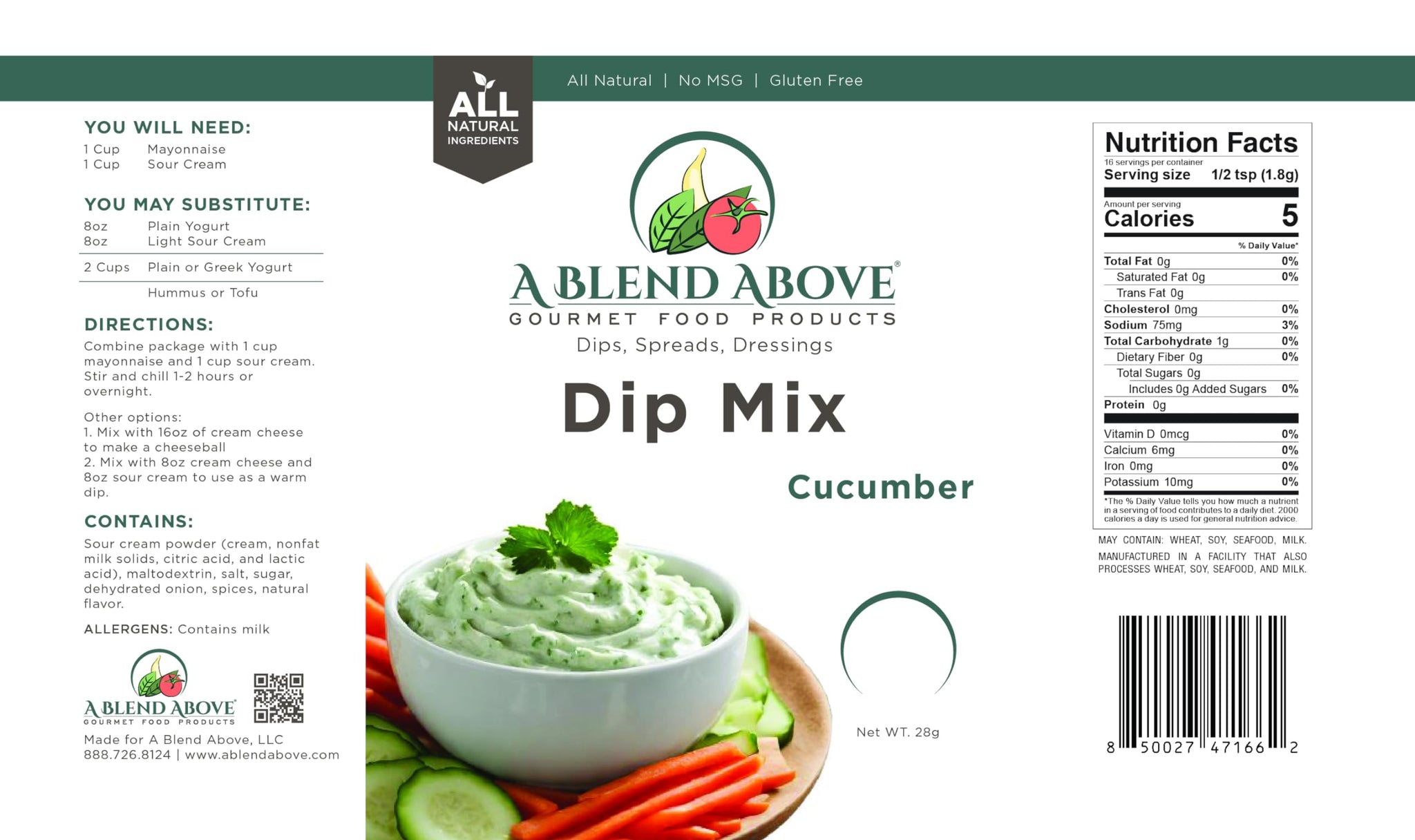 A Blend Above Cucumber Dip Mix, 1 oz, (3 Pack), Gluten-Free, No MSG, All Natural, No Preservatives, Vegetable Dip, Keto Friendly, Low Carb, Easy