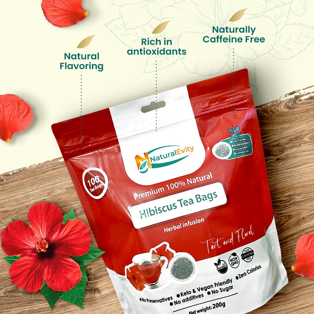 Hibiscus Tea Bags (100 Count) - Flor de Jamaica Herbal Tea, Caffeine-Free Hibiscus Tea, Antioxidant-Rich, & Non-GMO - NaturalEvity - Ayurveda