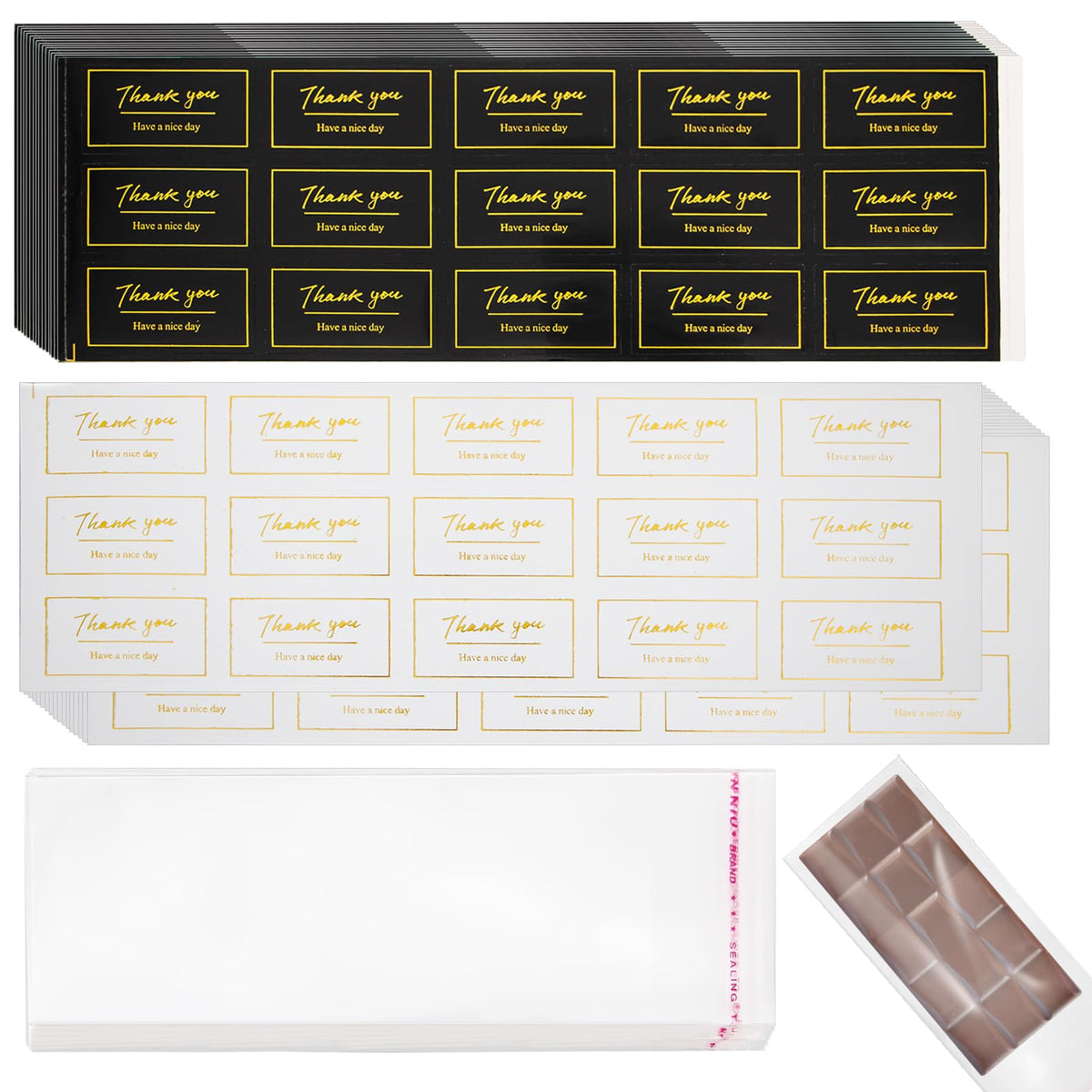 400 PCS Chocolate Bar Wrappers with 450 PCS Blessing Stickers, Self-Sealing Candy Bar Packaging for Homemade Chocolates, 2.4" × 7" Foil Wrap for Candy