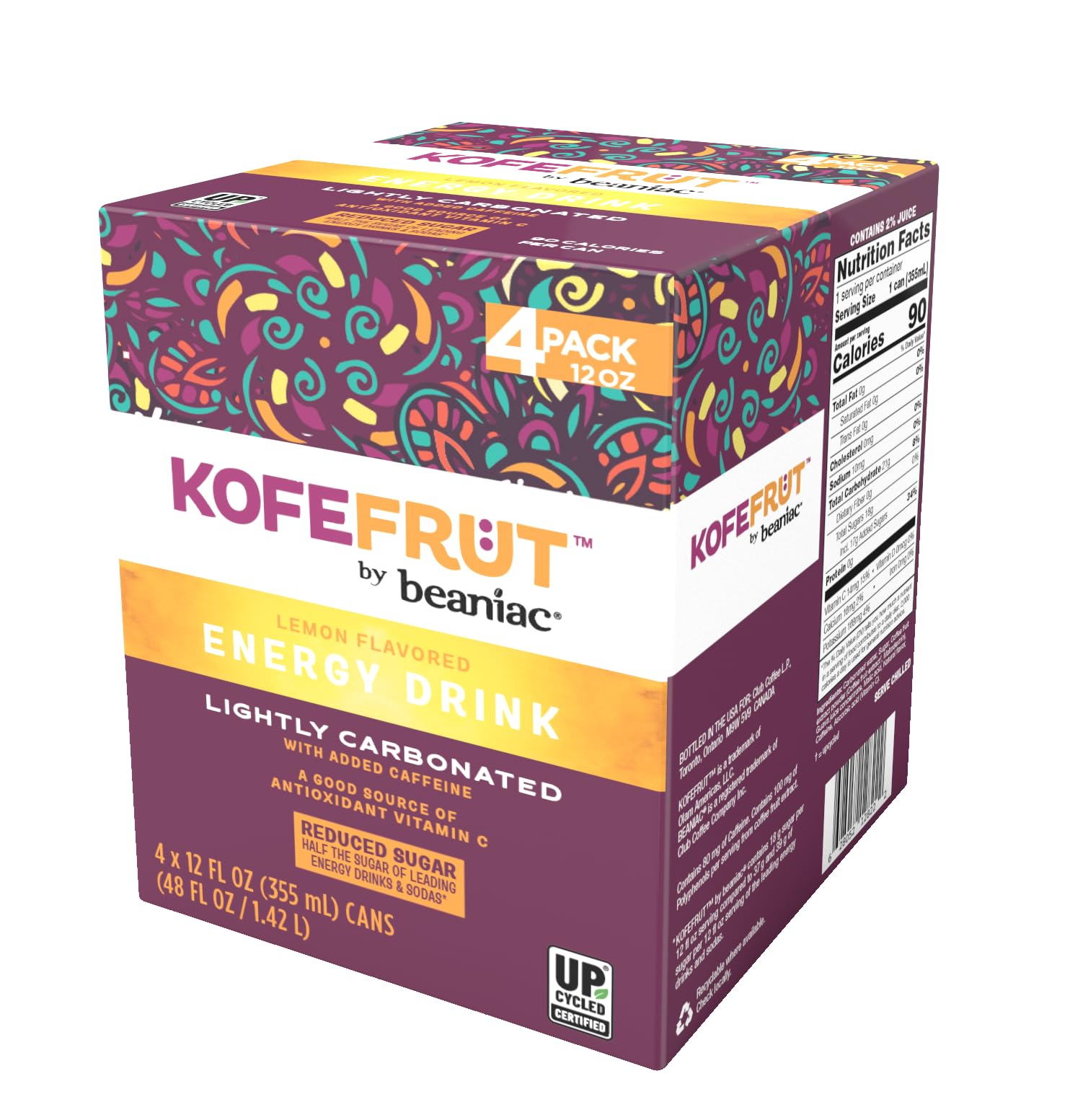 KOFEFRUT by beaniac Caffeinated Energy Drink, Lemon, Lightly Carbonated, Reduced Sugar, 80mg Caffeine, Polyphenols, Antioxidants, Vitamin C, 12 Fl Oz