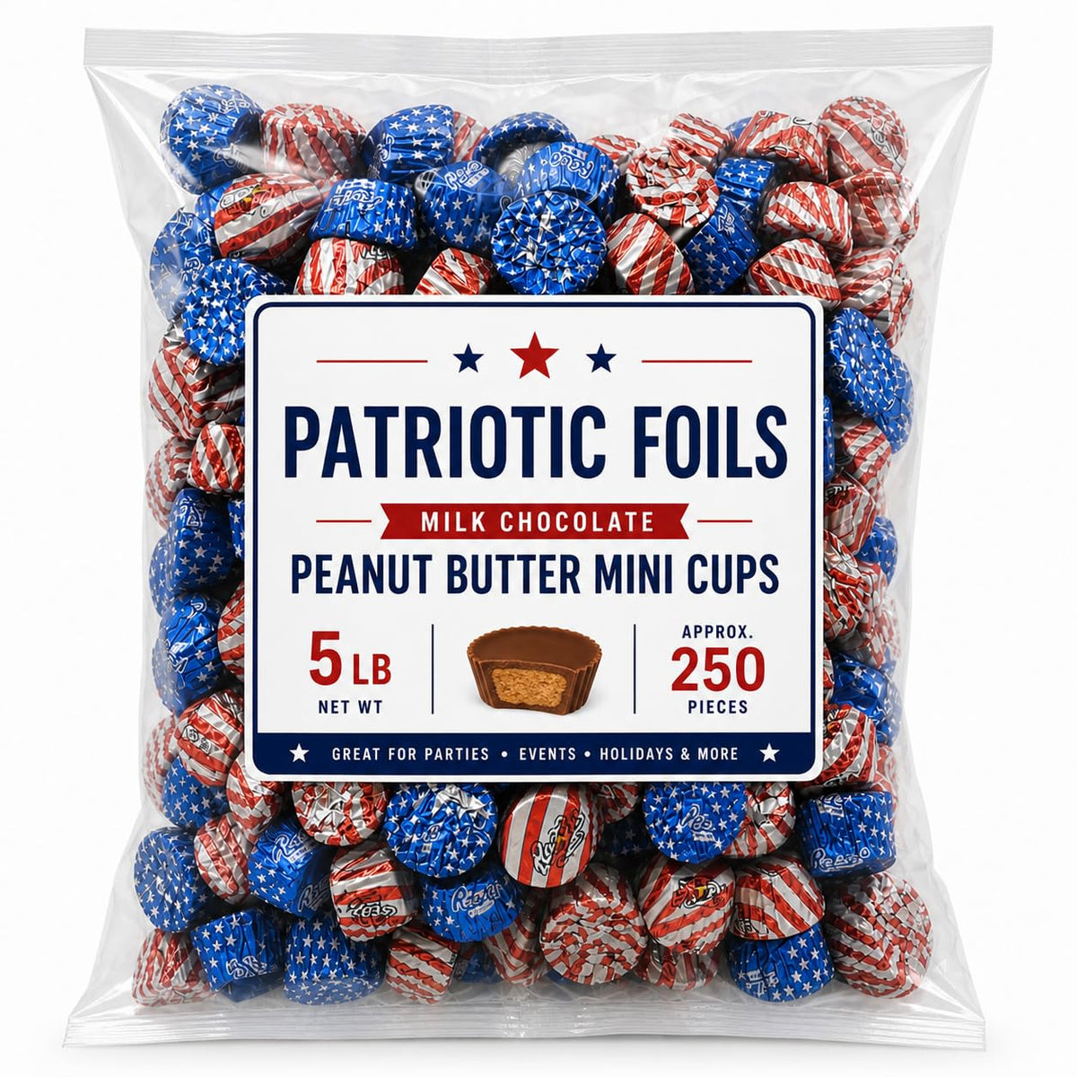 Miniature Chocolate Peanut Butter Cup Candy Red White Blue Foil Wrapped Bulk Bag - 5 lb (Approx. 250 pieces)