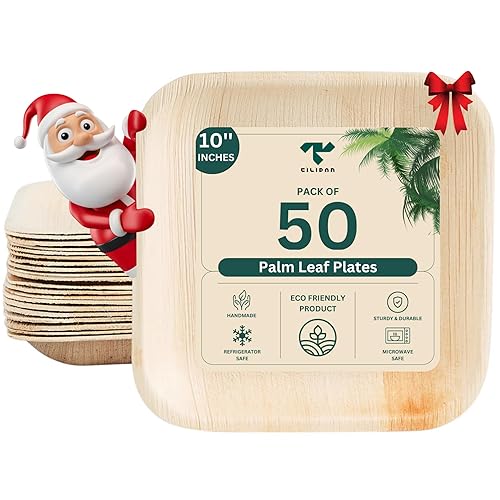 Tilipan Plam Leaf Disposable Plates 10 Inches (50 Count) Like Bamboo Plates,Compostable & Biodegradable,Better than Plastic Plates-Heavy-Duty