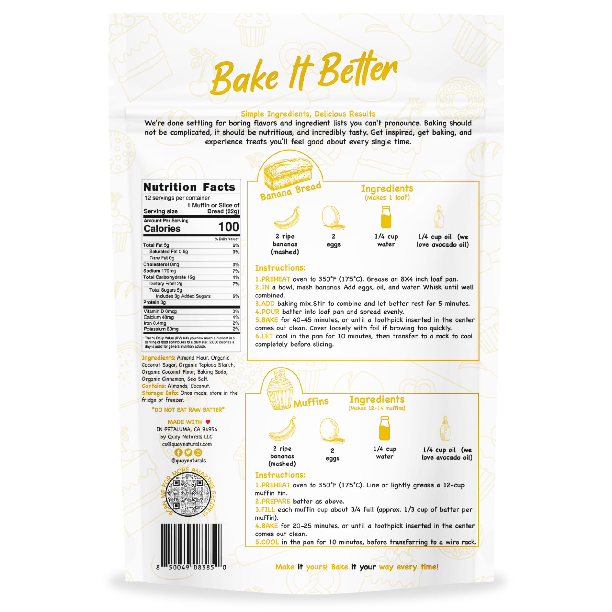 Quay Naturals Grain-Free Banana Bread & Muffin Mix, 9 oz - Almond Flour Baking Mix for Gluten Free Bread, Cake Mix & Brownie Mix, Made with Coconut Sugar, Non-GMO, Dairy-Free, Vegan-Friendly