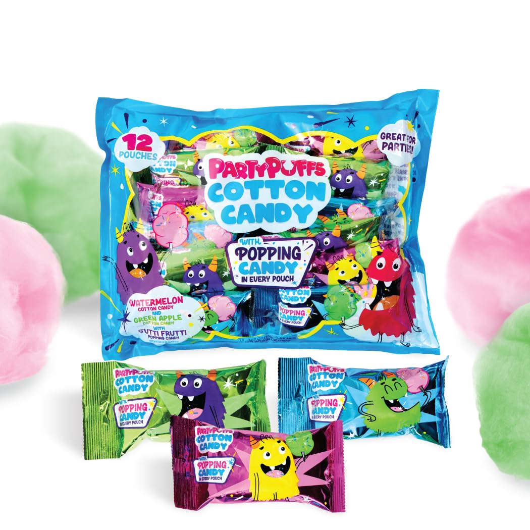 PartyPuffs Cotton Candy Variety Pack with Tutti Frutti Popping Candy - 12 Individually Wrapped .5oz Bags - Watermelon & Green Apple Flavors - Fun