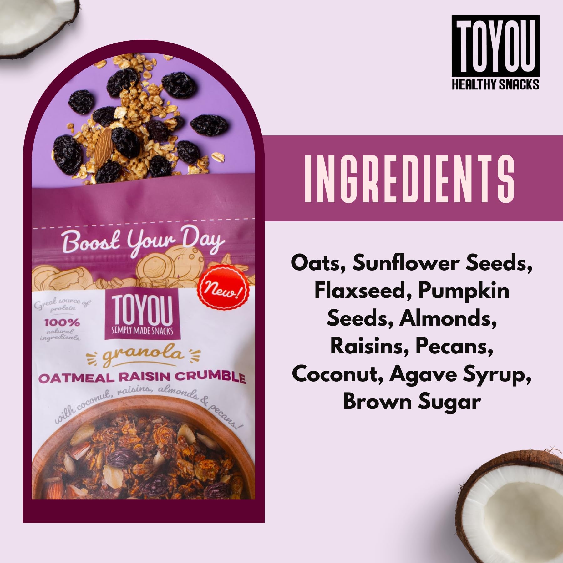 ToYou Snacks Granola, Dried Fruit and Granola Cereal, Gluten Free, Vegan, Healthy Snacks for Adults and Kids, Breakfast Cereal with Protein and Fiber