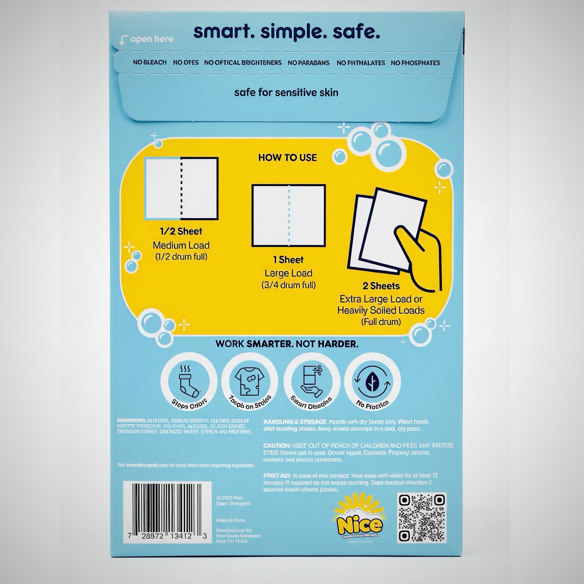 Nice Smart Sheets - 40 Loads - Patent-Powered Laundry Sheets for Sweat & Stains, Works in Cold Water, HE & Standard Machines, Hypoallergenic