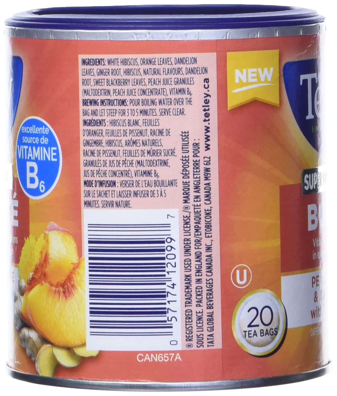 Tetley Super Herbal Tea Boost: Peach Ginger & Dandelion with Vitamin B6 - 20ct Imported from Canada
