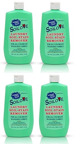 Soilove Laundry Stain Remover Liquid - 4 Bottles (16oz) - Powerful Prewash for Blood, Grease, Ink, Grass, Food, & More - Enzyme-Based Concentrated