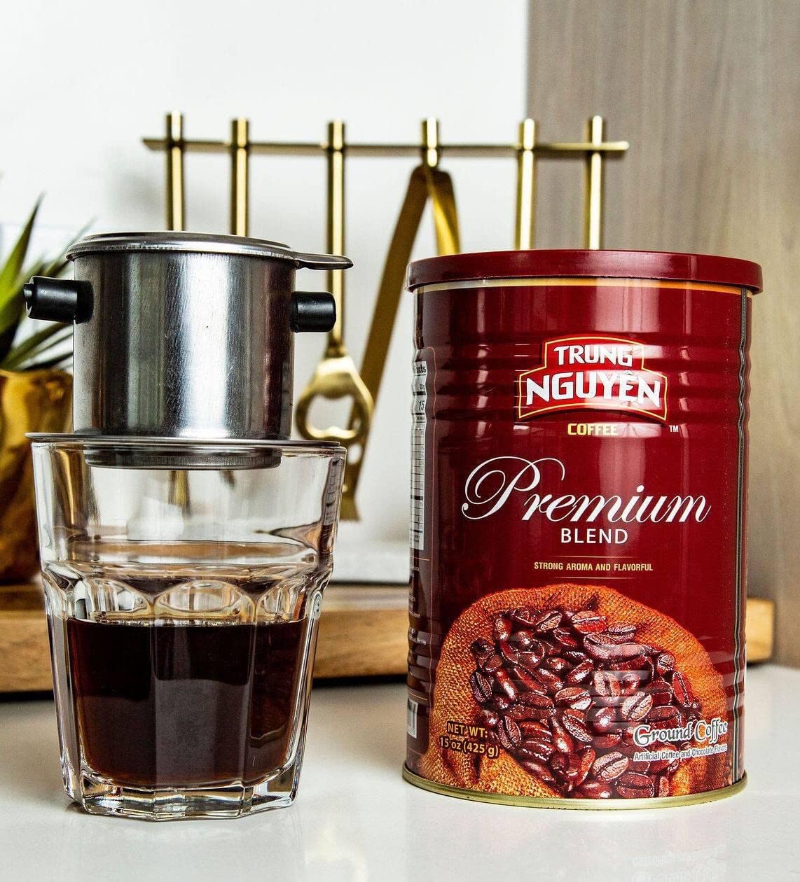 Trung Nguyen - Premium Blend - Roasted Ground Coffee Blend - Strong and Bold - Arabica & Robusta - Chocolate Flavor - Vietnamese Coffee, 15 oz Can