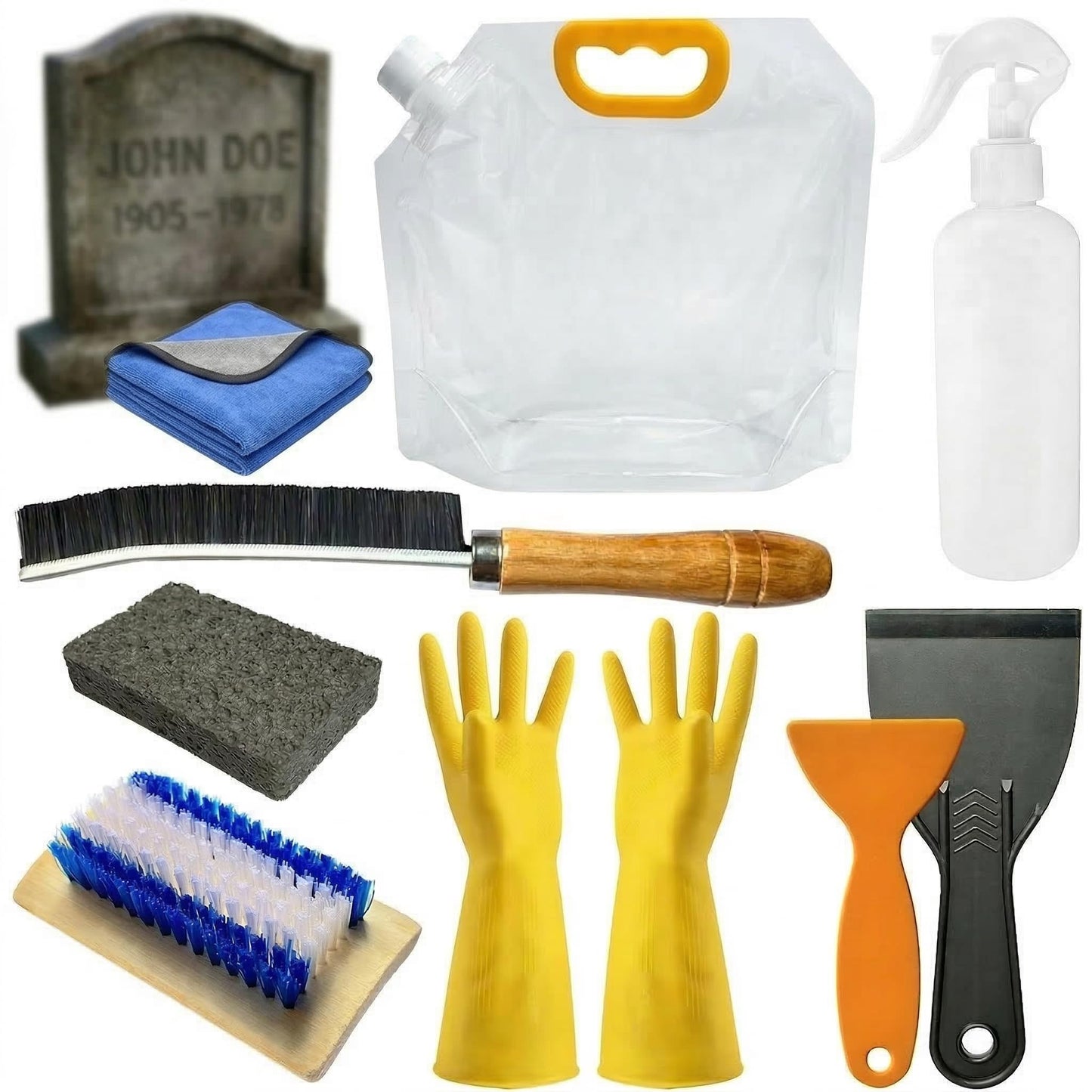 10 Pcs Reusable Tombstone Cleaner Kit for Grave Cleaning Includes Oversize 1.3 Gal Water Bag, Scraper, Brushes, Sponge, Towel, Gloves - Professional