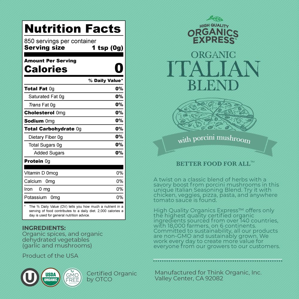 HQOExpress Organic Northern Italian Seasoning - Non GMO, Kosher, USDA Certified Organic Dried Herb Mix with Rosemary, Oregano and Basil Leaves