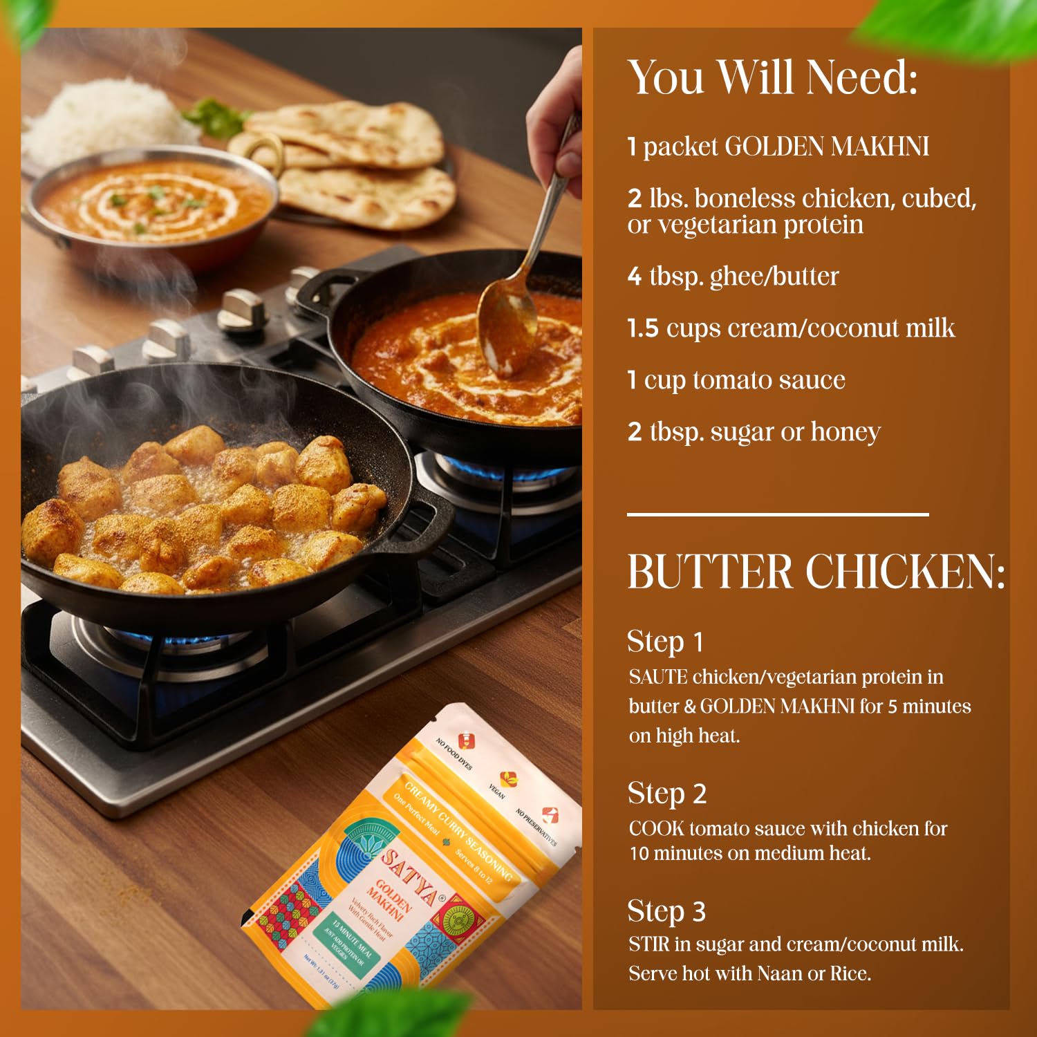 Satya Butter Chicken Masala Powder Makhani Curry Spice Mix 5 Fresh Sachets x 37g Rich & Creamy Indian Curry Seasoning for Chicken, Paneer & Vegetables