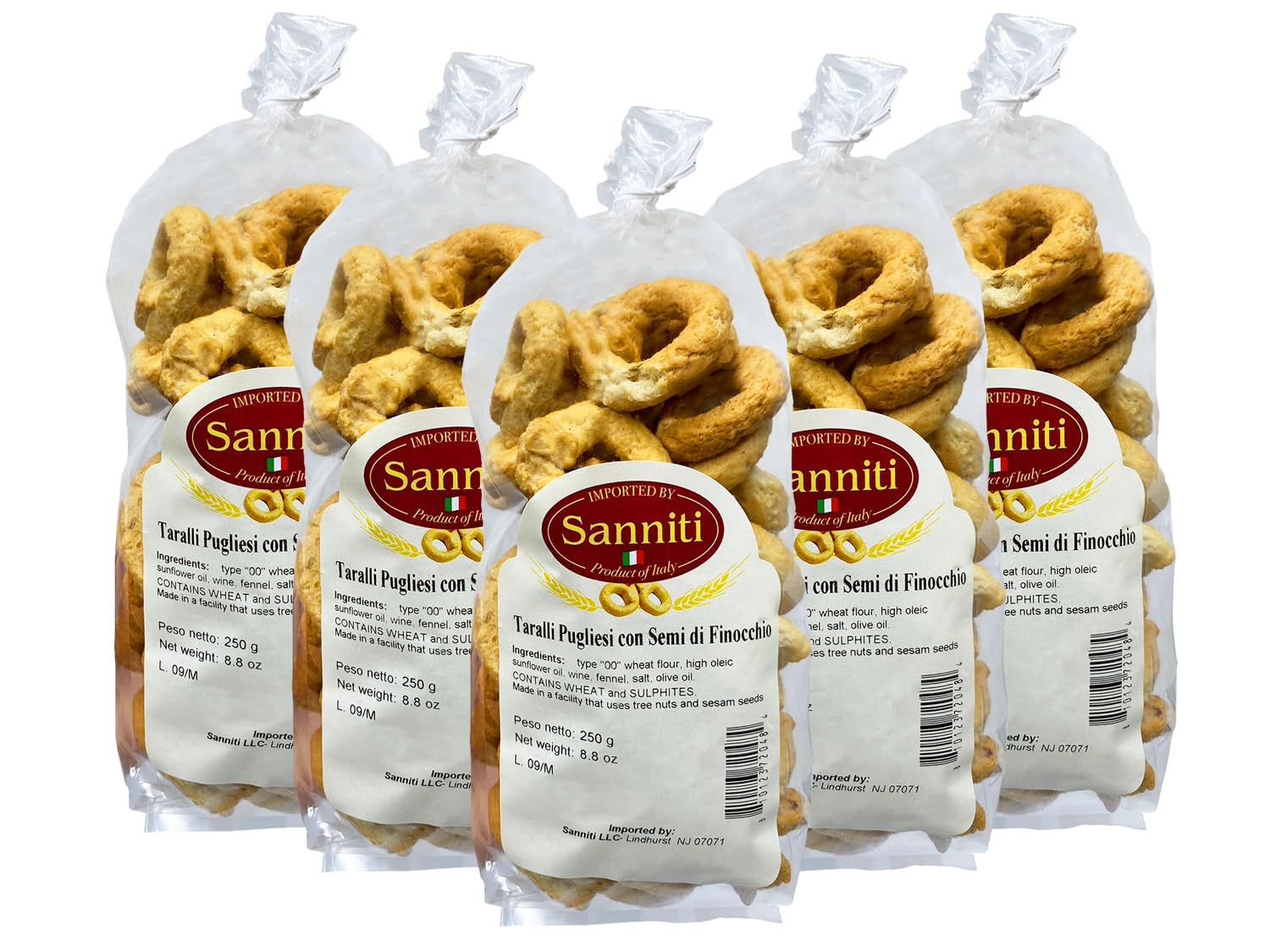 Sanniti Italian Taralli Pugliese Fennel Finocchio, 8.8 oz (Pack 5)