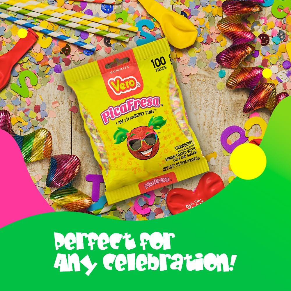 Vero PicaFresa - Strawberry Flavored Chewy Gummy Candy Treats - 100 Piece - (1 LB, 5.15 Ounces Each) - Individually Wrapped Mexican Candy Perfect