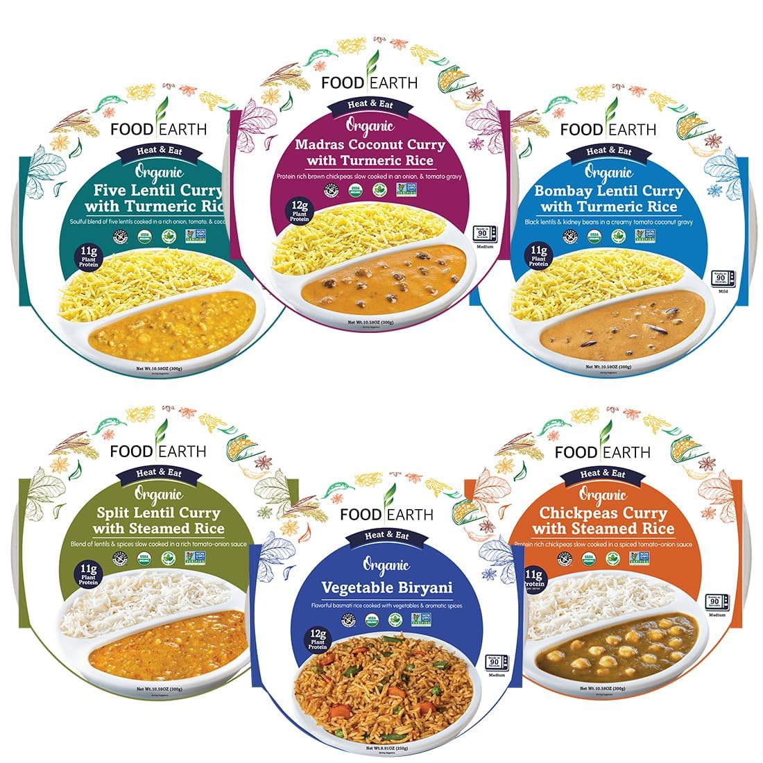 Food Earth Ready to Eat Indian Meals - Six Flavor Variety Pack - Organic, Microwavable, Premade & Quick - Lunch & Dinner Pack (6 Pack)