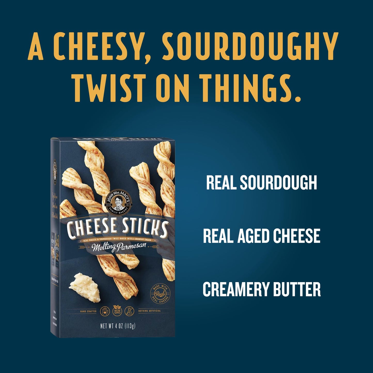 John Wm. Macy - Melting Parmesan CheeseSticks - Hand Crafted, Non GMO, and Nothing Artificial - Made with Real Cheese - 4 oz. Cartons - 3 Pack