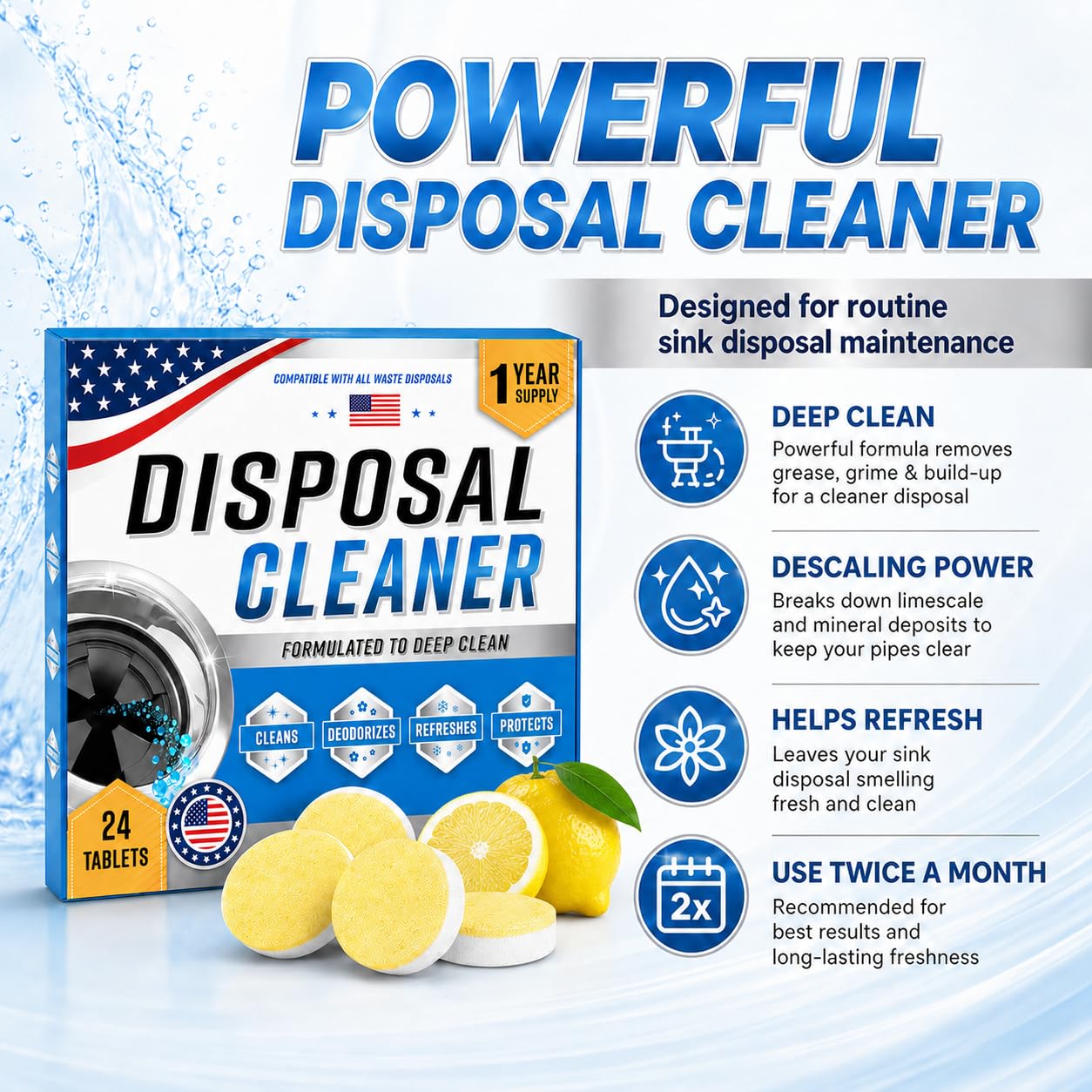 Garbage Disposal Cleaner Deodorizer Tablets, 24 Pack Foaming Disposal Cleaner Tablets, Sink Disposal Cleaner Garbage Disposal Freshener, Citrus