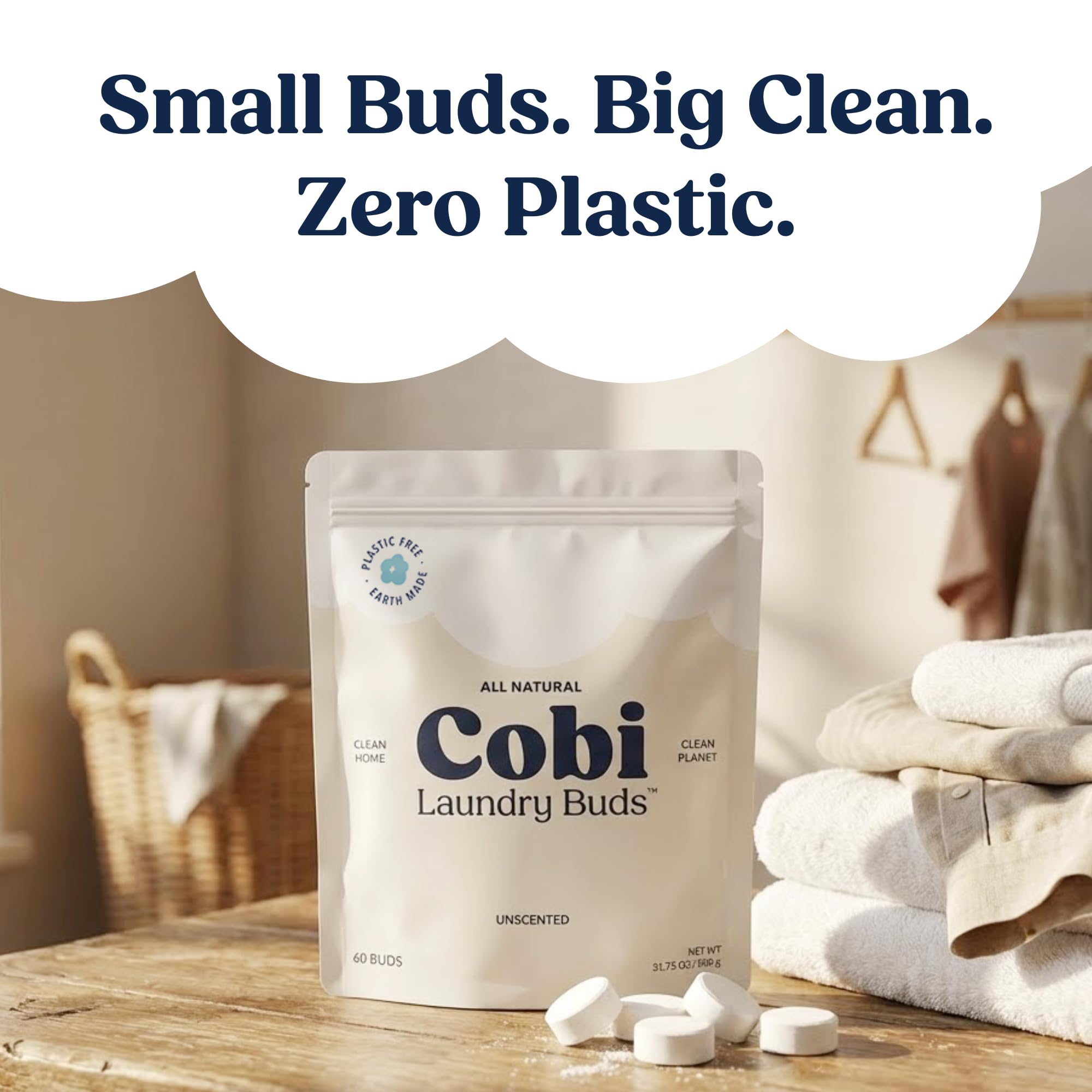 Cobi Clean Laundry Detergent Buds, Plant-Powered, Hypoallergenic, 60 Count, Dye-Free, Cruelty-Free, Vegan, Cold Water Compatible
