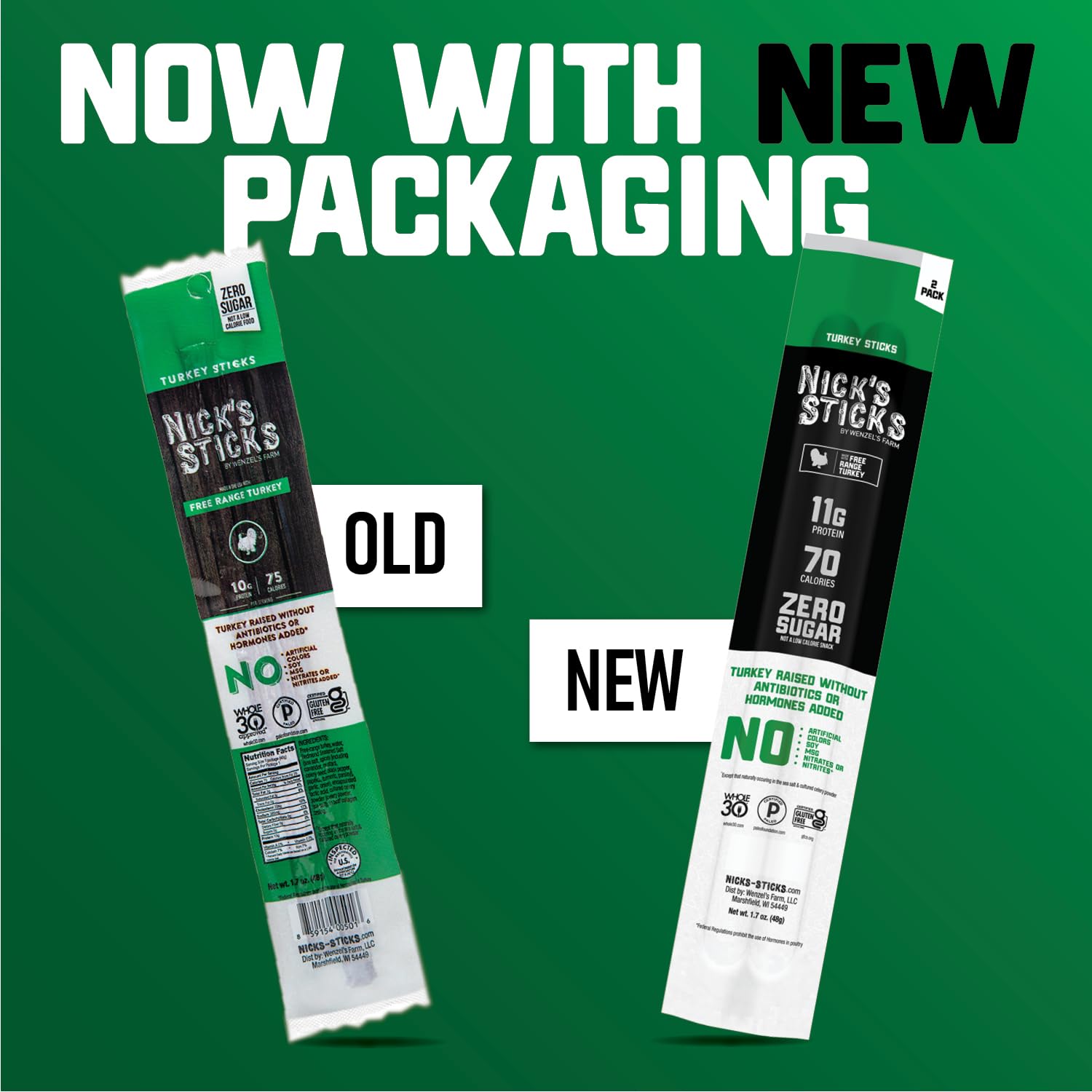 Nick's Sticks Clean & Balanced Free Range Turkey Snack Sticks | Made in the USA | Gluten Free | Paleo, Keto, Whole30 Approved | No Soy, Antibiotics or