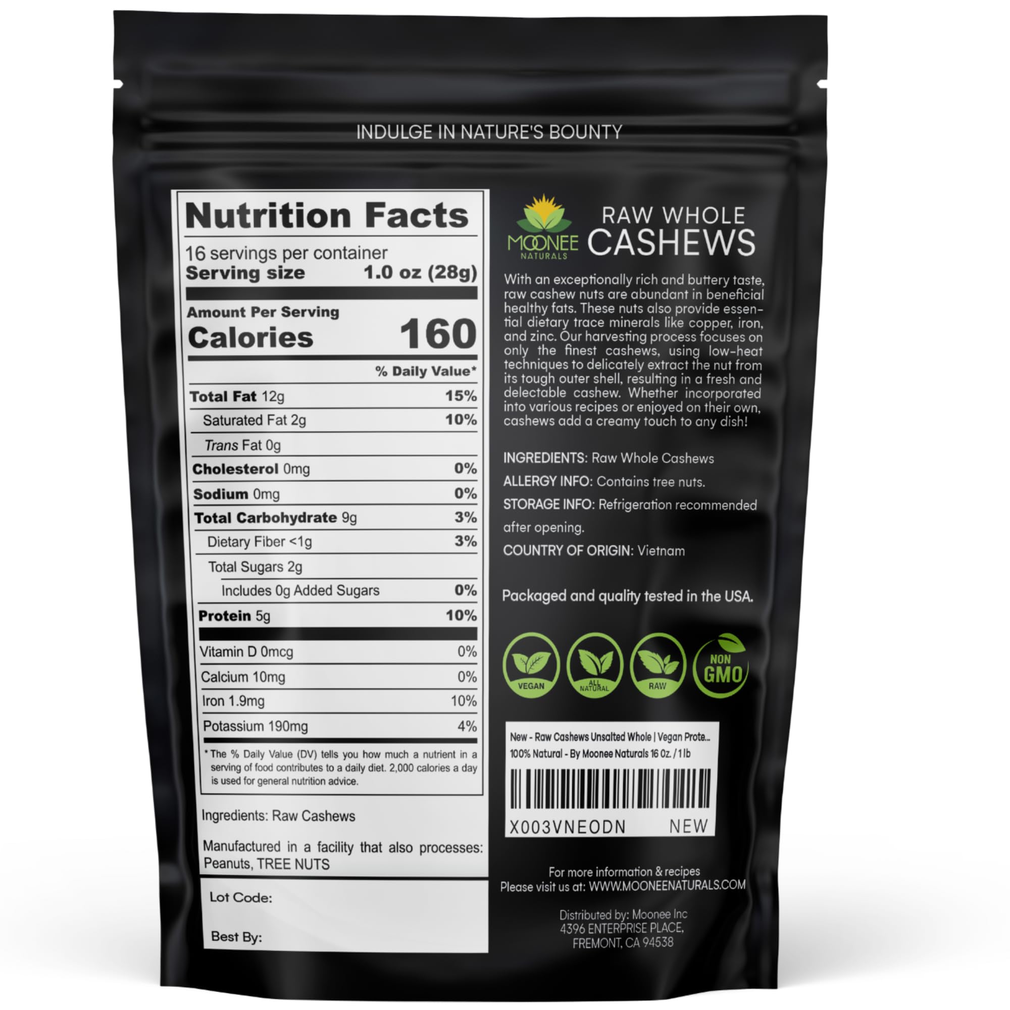 Raw Cashews Unsalted Whole (16 0z. / 1 lb) | Vegan Protein Snacks | Make Cashew Milk | Keto and Paleo Friendly Diet Snacks | Party Snacks | Healthy