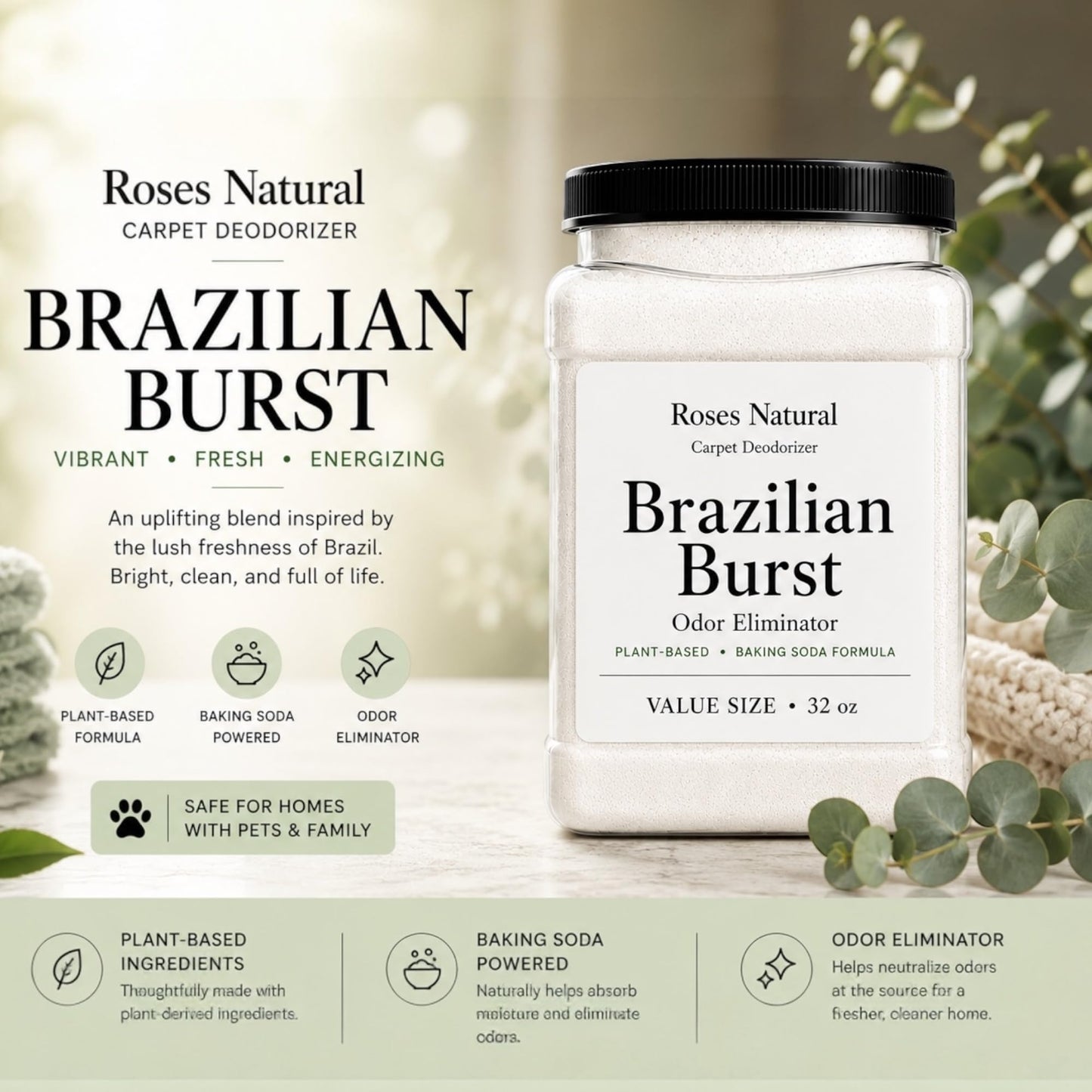 Roses Natural Carpet Deodorizer Powder - 32 oz Value Size | Plant-Based Baking Soda Formula | Odor Eliminator for Carpets, Rugs, Upholstery & Pet Beds