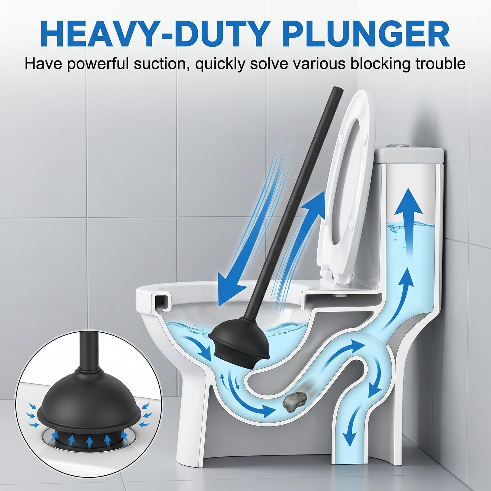 VegStow Toilet Plunger and Bowl Brush with Holder, Heavy Duty Toilet Brush and Plunger Set for Bathroom Cleaning, 1 Set (Black)
