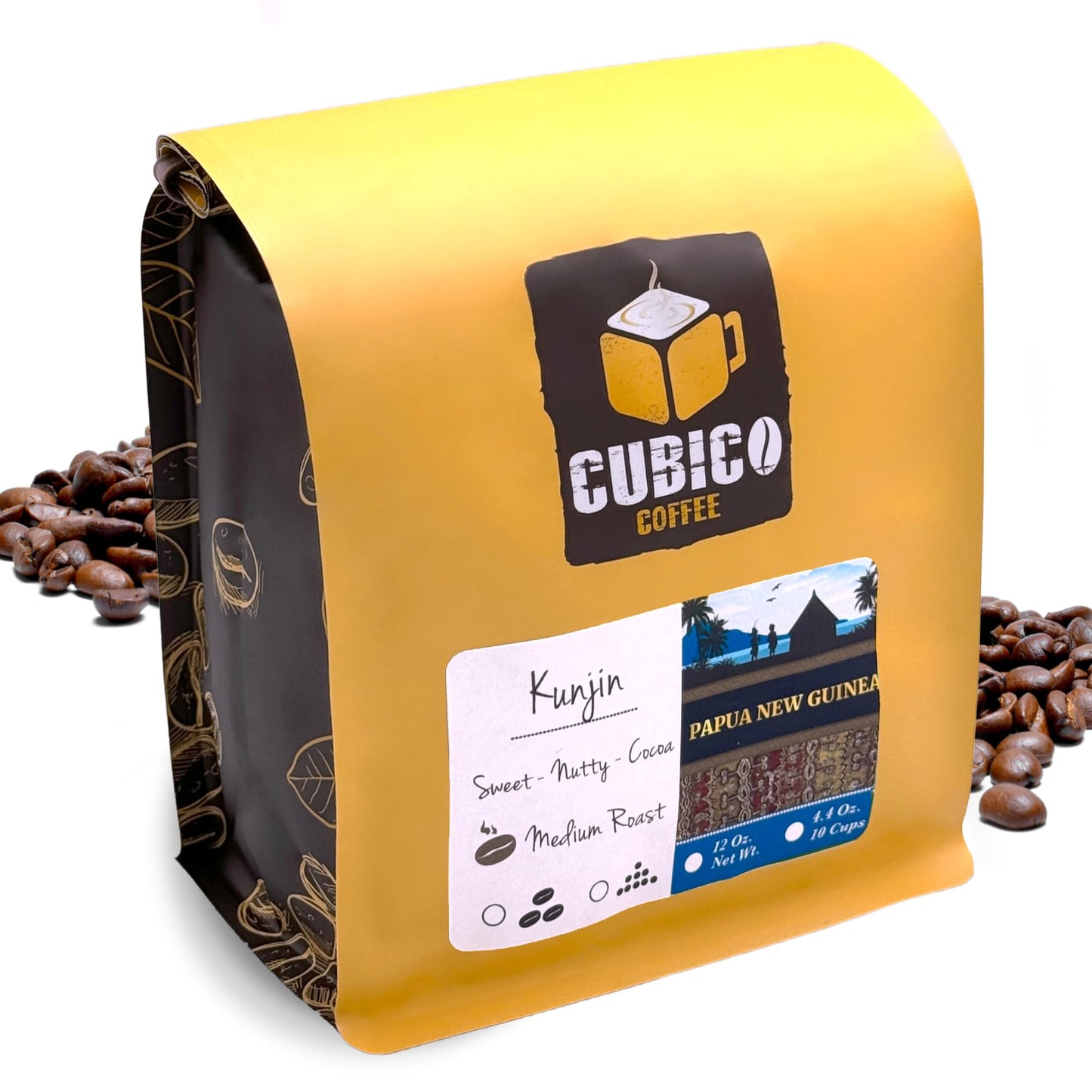 Papua New Guinean Coffee, Whole Bean Coffee, Premium Papua New Guinea Kunjin Single Origin Fresh Roasted Coffee Beans | Cubico Coffee | 12 Ounce Bag