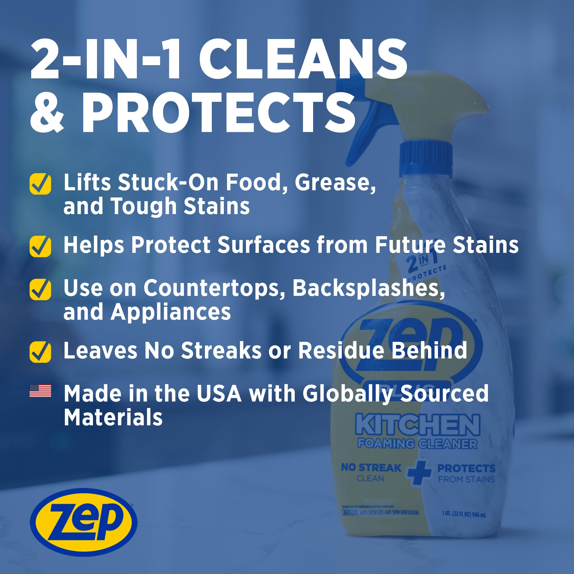 Zep Plus Foaming Kitchen Cleaner 32 oz (2 Units) & a Blue Microfiber Rag ECBD024-2-Pack No-Streak Cleaner for Kitchen Countertops Backsplashes
