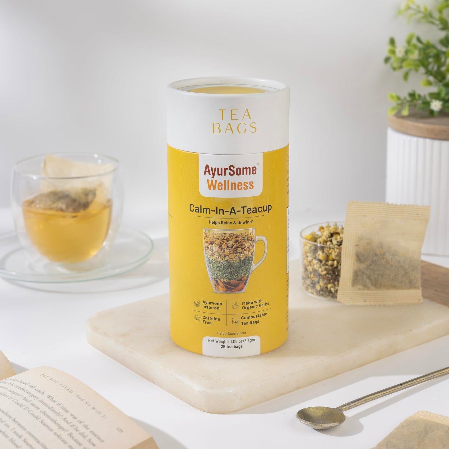 Calm In A Teacup Tea, Chamomile Lemon Balm for bedtime and evening, 25 tea bags, Organic Ingredients