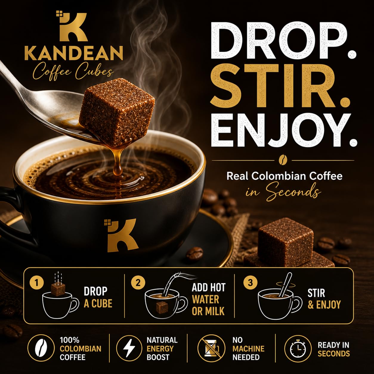 Kandean Coffee Cubes - 100% Colombian | Experience a new way to enjoy premium coffee instantly, made with hand-picked beans from the Colombian