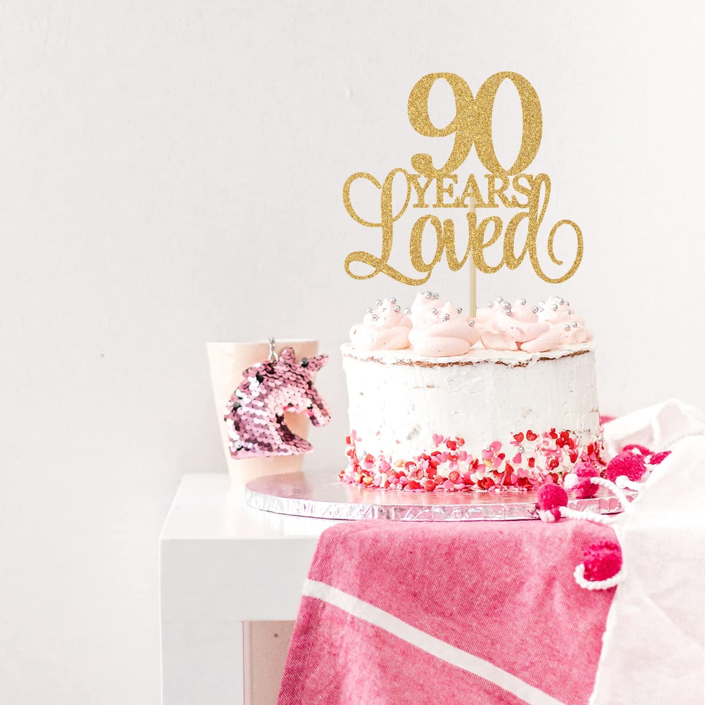 90 Years Loved Cheers to 90th Anniversary, Gold Glitter Birthday Party Favor Supplies