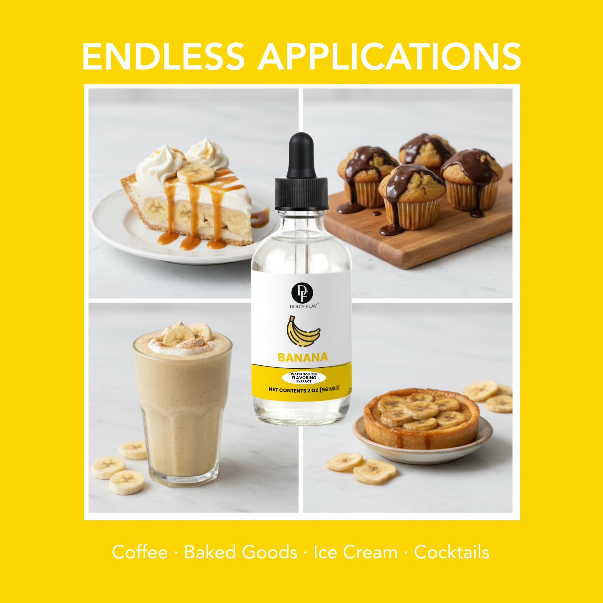 Dolce Flav Natural Banana Extract - 2 oz Water-Soluble Pure Banana Flavoring Drops for Baking, Smoothies & Desserts | Sugar Free, Allergen Free