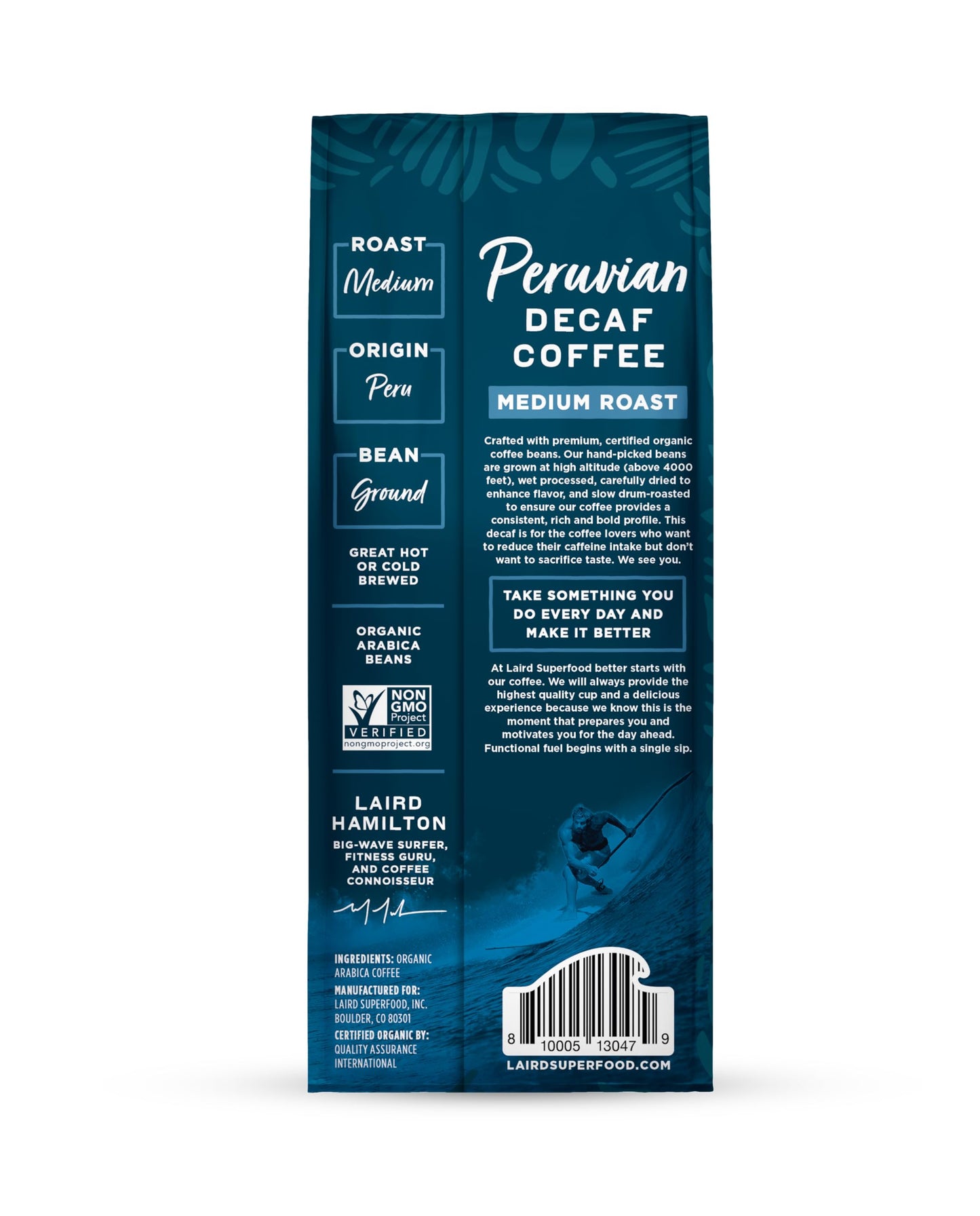 Laird Superfood Peruvian Medium Roast Decaffeinated Ground Coffee, Chemical-Free Decaf Swiss Water Processed Ground Coffee, Gluten-Free, Dairy-Free