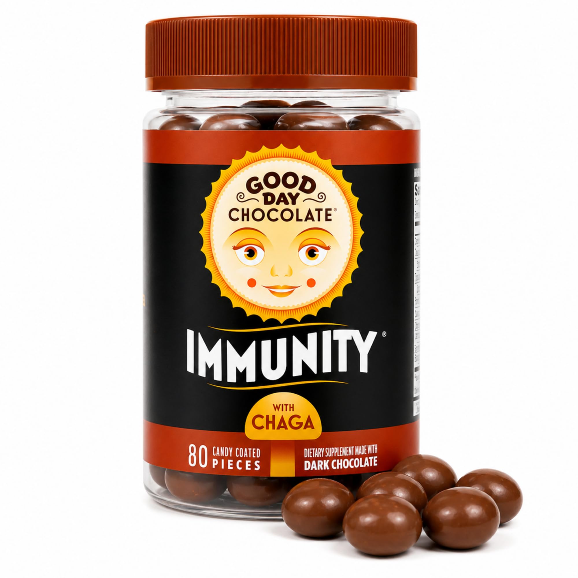 Good Day Chocolate Immunity - Dark Chocolate with Elderberry, Zinc & Chaga Mushroom for Immune Support - Easy Daily Chocolate Supplement - 80 Count