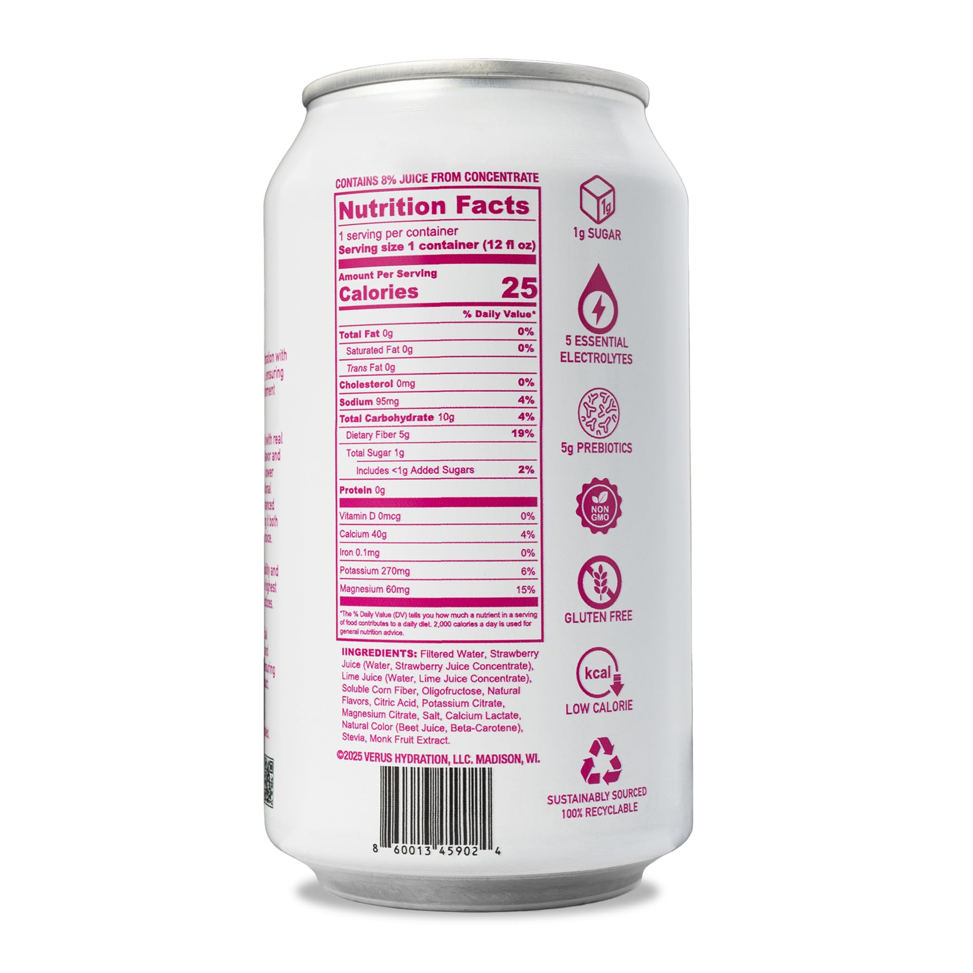 VYV Sparkling Strawberry Lime Hydration - Electrolytes + 5g Prebiotic Fiber, 1g Sugar, Real Juice, Non-GMO, Gluten Free, Plant-Based - 12 fl oz Cans