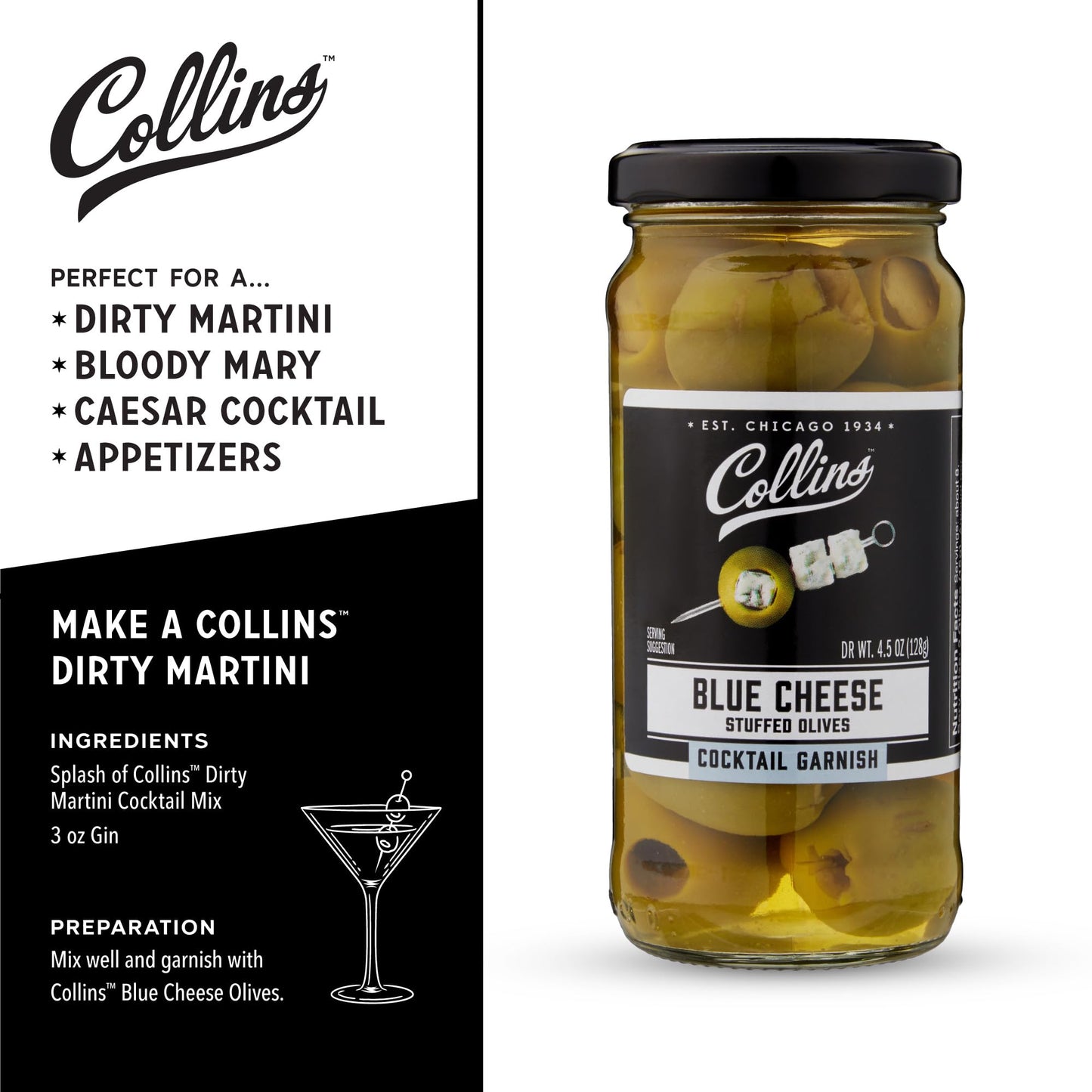 Collins Gourmet Blue Cheese Olives, Premium Stuffed-Cheese Garnish for Cocktails, Martinis, Bloody Marys, Snack Trays, Charcuterie, and Salads