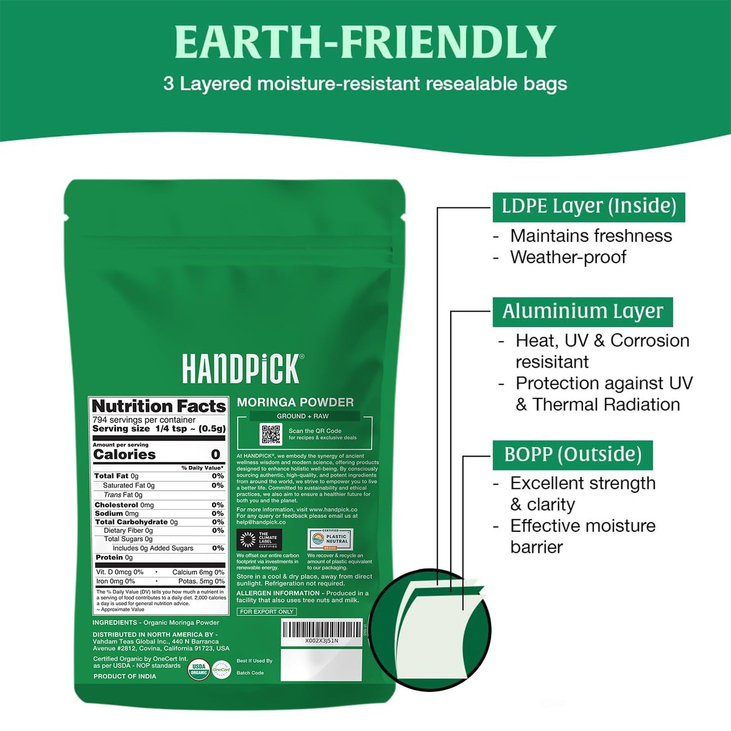 HANDPICK USDA Organic Moringa Powder (397g/14oz) Pure Moringa Oleifera Leaf Powder | Authentic Indian Origin | Gluten Free, Non-GMO | Perfect