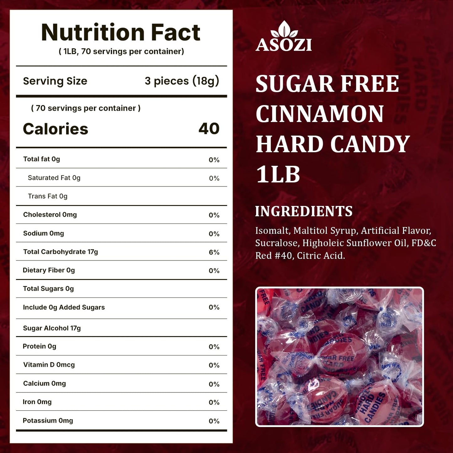 Sugar Free Cinnamon Hard Candy- 1lb Bulk Sugarless Candy Disc, Cinnamon Discs Individually Wrapped Keto And Diabetic Friendly, for Parties & Holidays