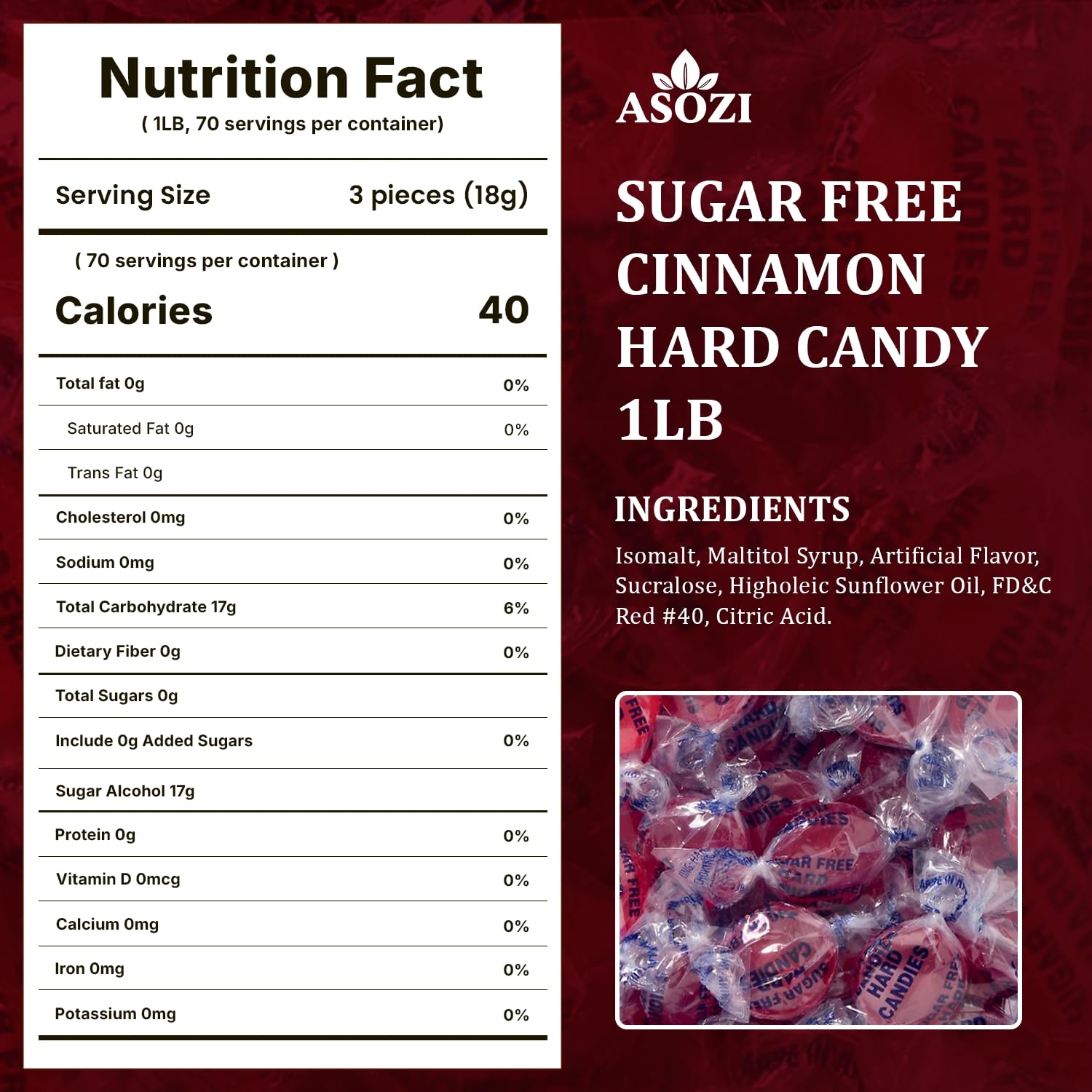 Sugar Free Cinnamon Hard Candy- 1lb Bulk Sugarless Candy Disc, Cinnamon Discs Individually Wrapped Keto And Diabetic Friendly, for Parties & Holidays