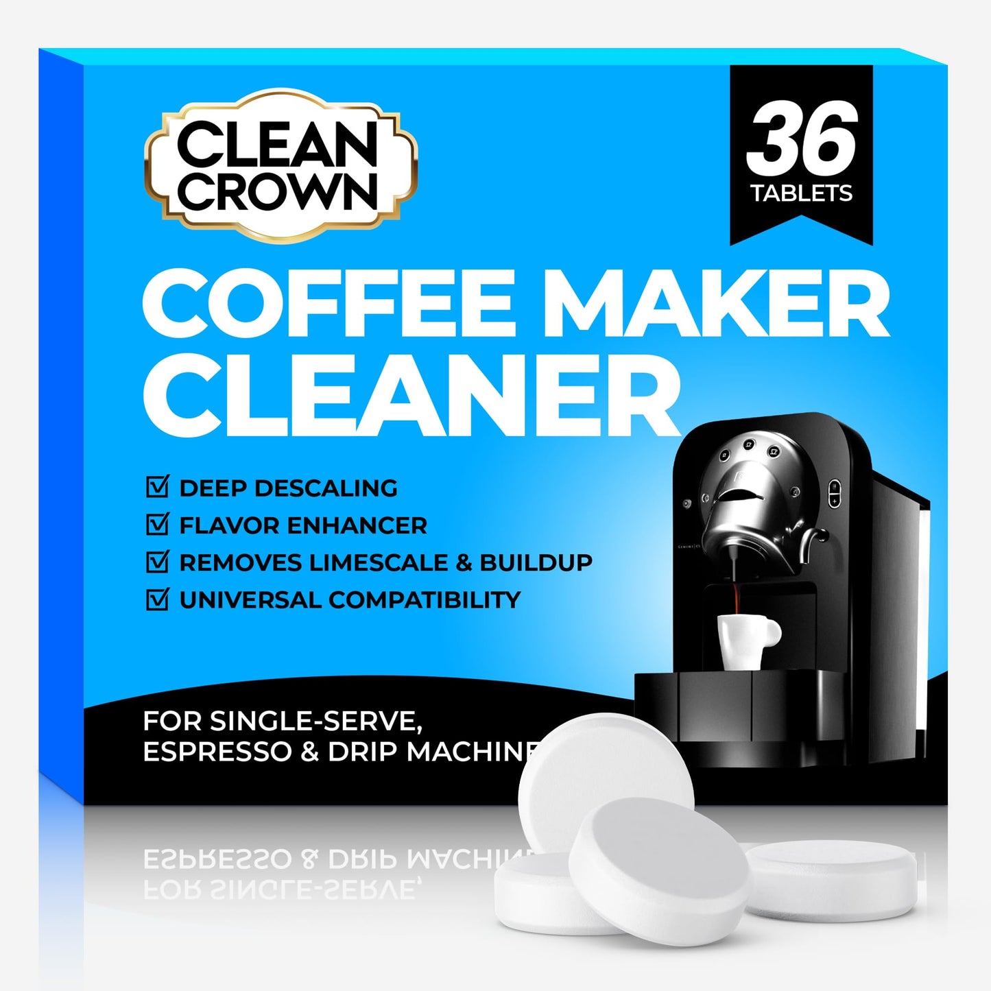 CleanCrown Coffee Maker Cleaner (36 Count), Cofee Maker Cleaner and Descaler, Coffee Machine Descalers, Espresso Machine Descaler Tabs for Brewer