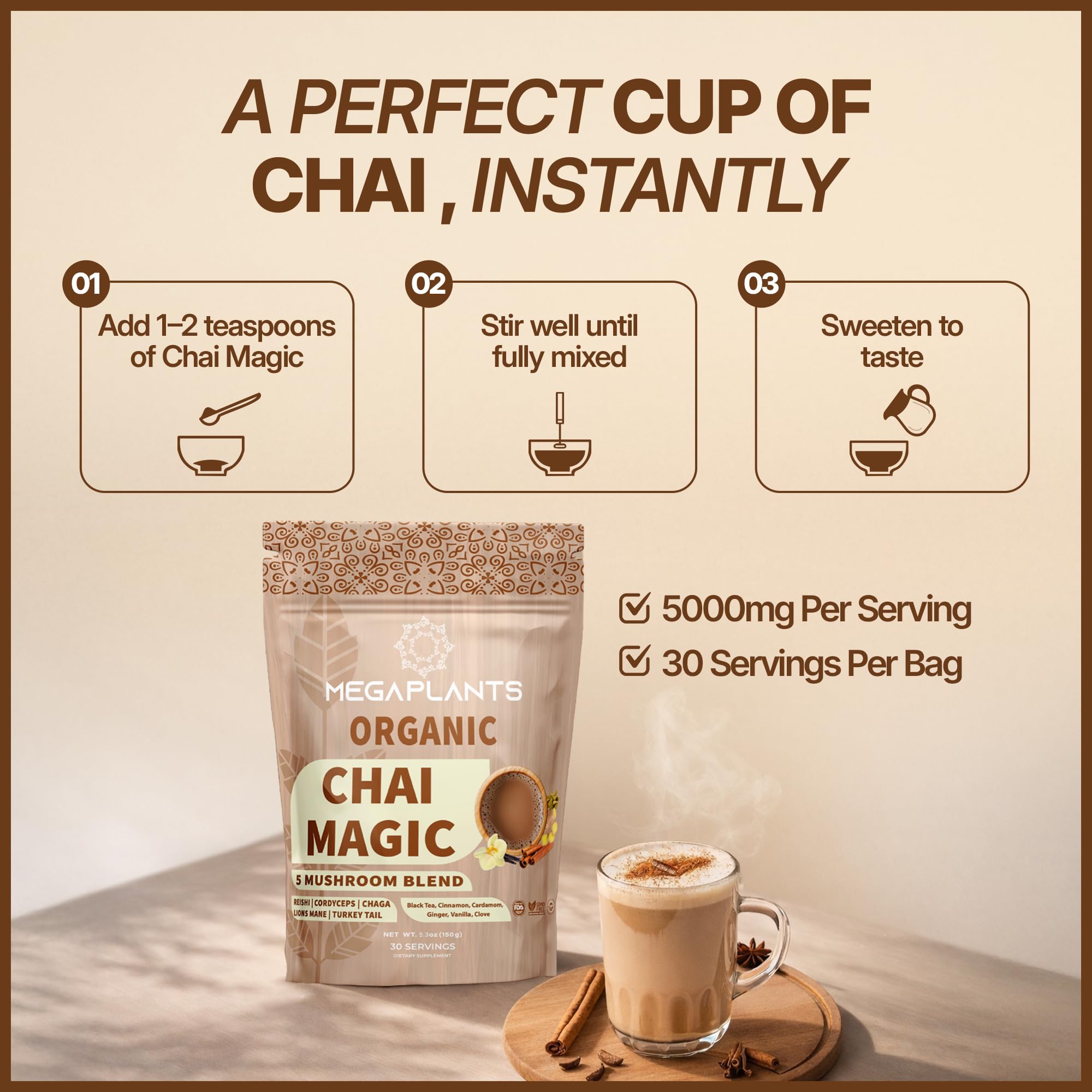 MEGAPLANTS Adaptogenic Mushroom Chai Tea (30 Servings) | No Crash Energy & Focus Blend with Lion’s Mane, Reishi, Turkey Tail, Cordyceps & Chaga |