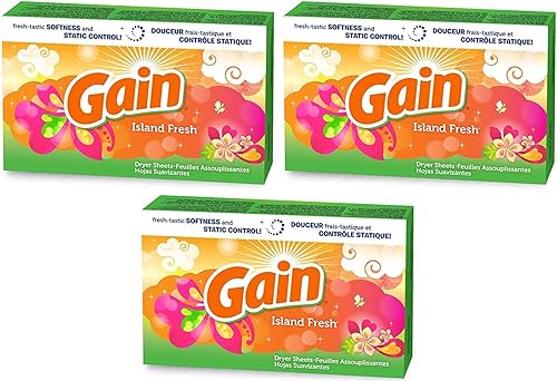 Gain Dryer Sheets - Island Fresh Scent - 34 Count Dryer Sheets Per Box - Pack of 3