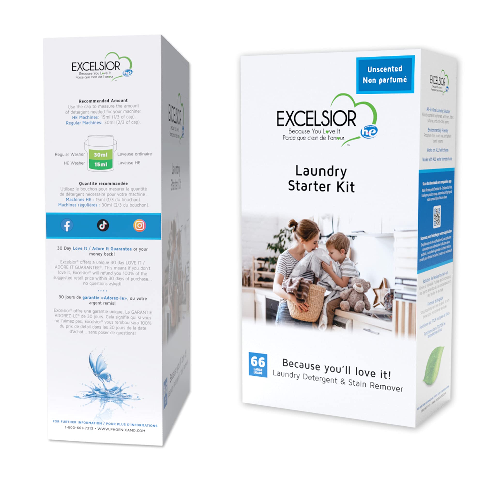 Excelsior Liquid Laundry Detergent Unscented HE Concentrated, 66 Loads 1 Liter Starter Pack, Enzyme Stain Remover, Front Load and Top Load Compatible