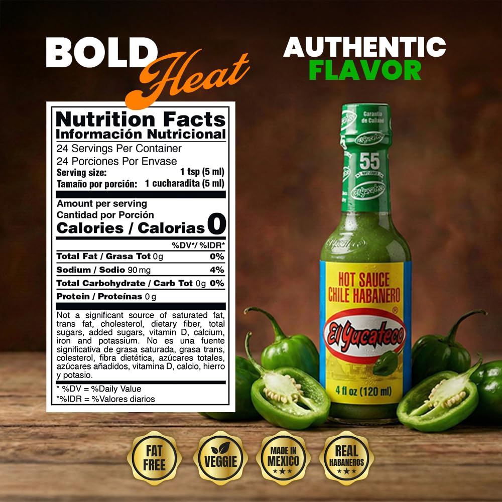 El Yucateco Green Habanero Hot Sauce, Authentic Mexican Chile Habanero Sauce, 4 fl oz (120 ml), Gluten Free (Pack of 3)
