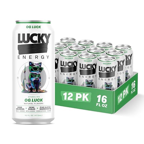 Lucky Energy Sugar Free Energy Drinks, OG Luck, 16oz Cans (12-Pack) Healthy, Zero Sugar Energy Drink with Maca, Ginseng, Beta-Alanine, Taurine & 200mg