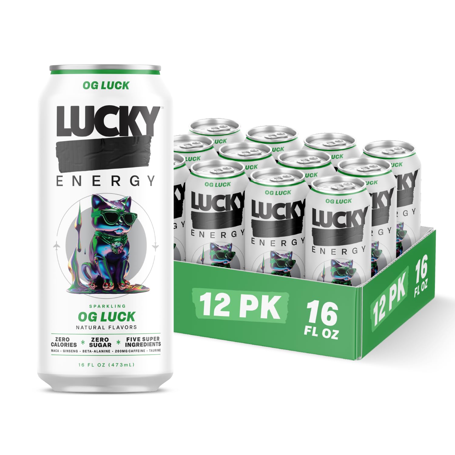 Lucky Energy Sugar Free Energy Drinks, OG Luck, 16oz Cans (12-Pack) Healthy, Zero Sugar Energy Drink with Maca, Ginseng, Beta-Alanine, Taurine & 200mg