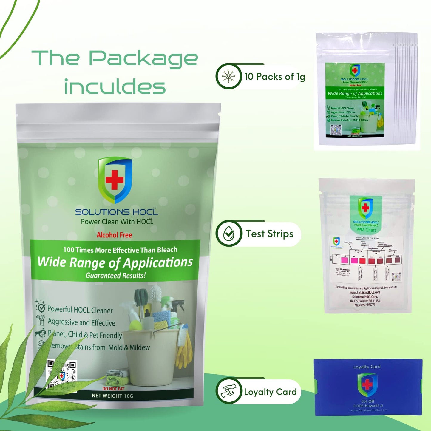 Solution HOCL Powder 10 one gram Individually Packaged Single use packets - (10 grams of total active ingredients) One Gram Packet Makes 1 Gallon (128