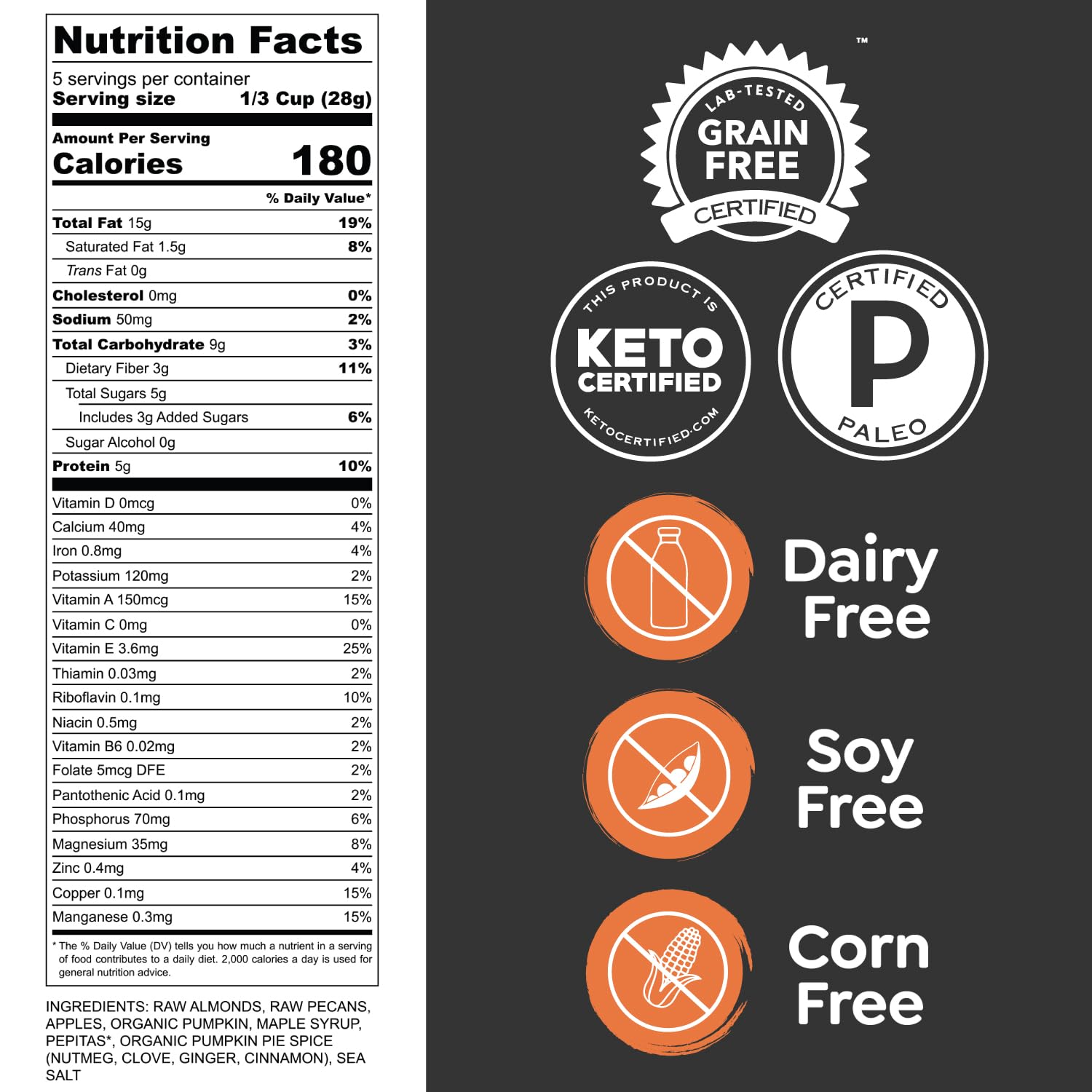 Witzi's Grain Free Granola, Pumpkin Spice, 5oz (Pack of 3), Made with Almonds, Pumpkin & Cinnamon, Vegan, Keto, Gluten Free, Healthy Snack
